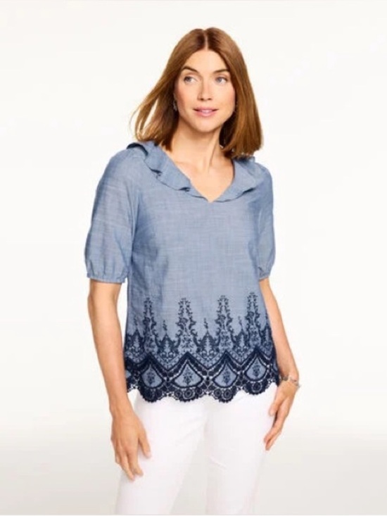 Talbots Tops - Talbots Blue Cotton Embroidered Lace Hem Ruffle Neck Blouse Medium